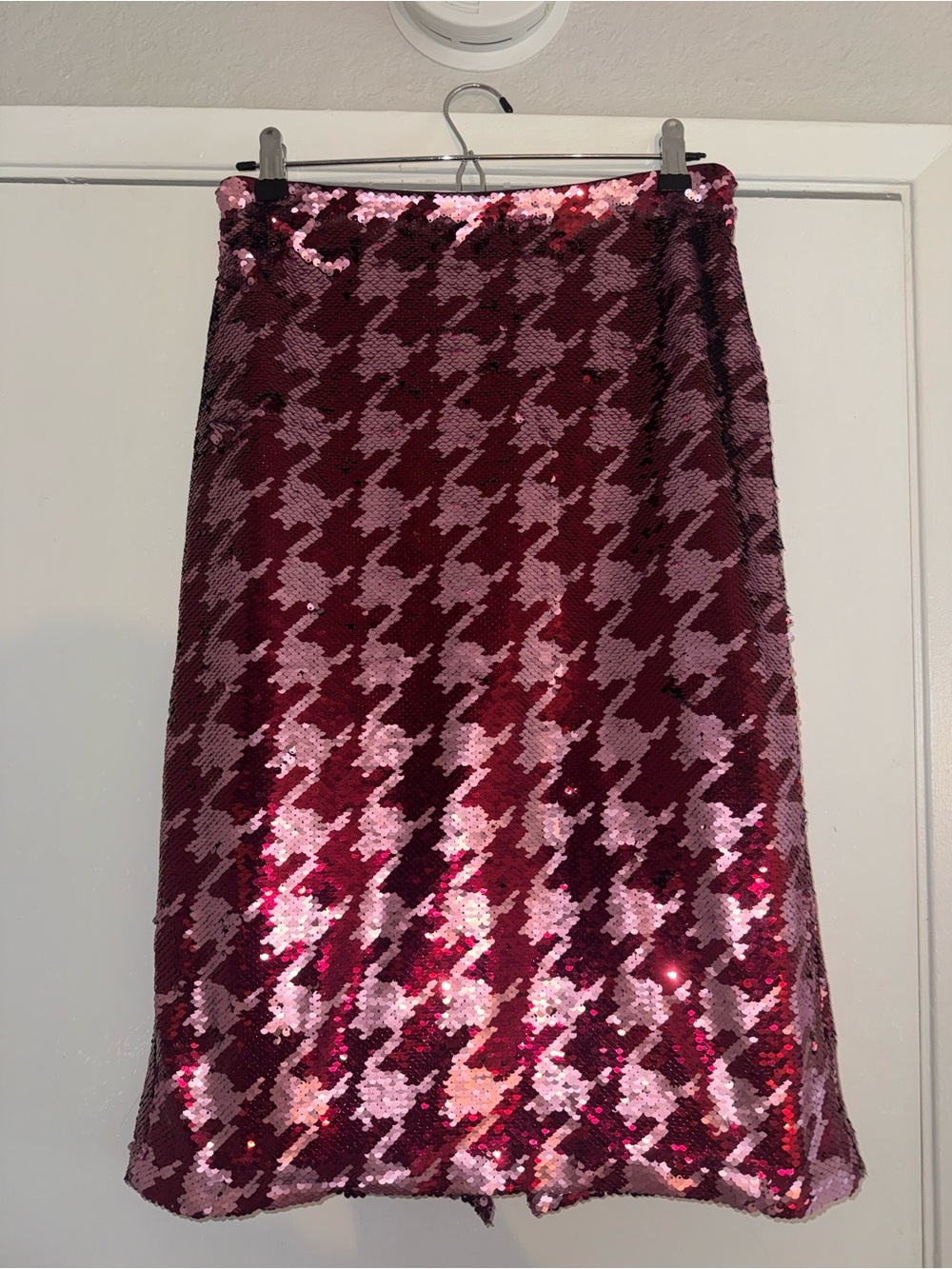 Anthropologie Sequin Houndstooth Midi Skirt - Pink & Burgundy